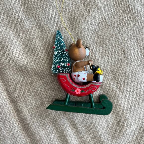 Vintage Hand Painted Teddy Bear on a Sled w/ Christmas Tree Ornament 4" - Picture 3 of 7